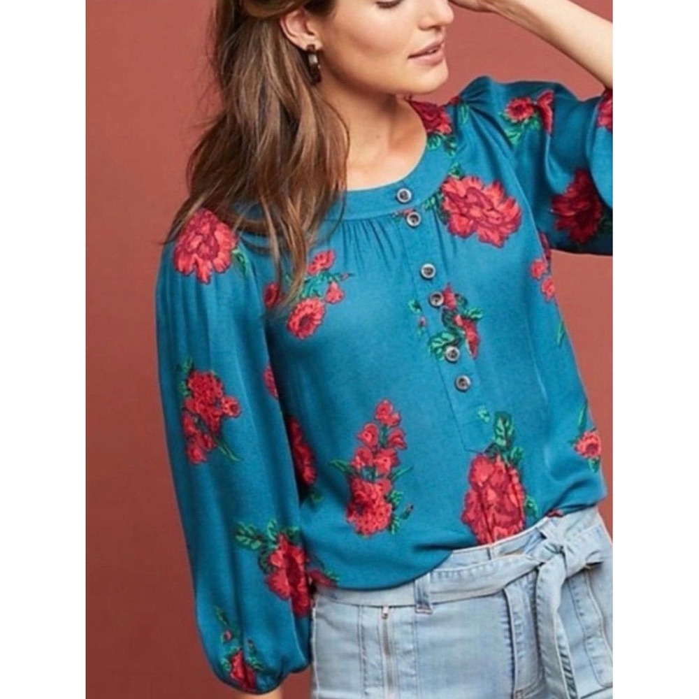 Maeve Anthropologie Kalas‎ Floral Henley Blouse Womens Small 3/4 Balloon Sleeve